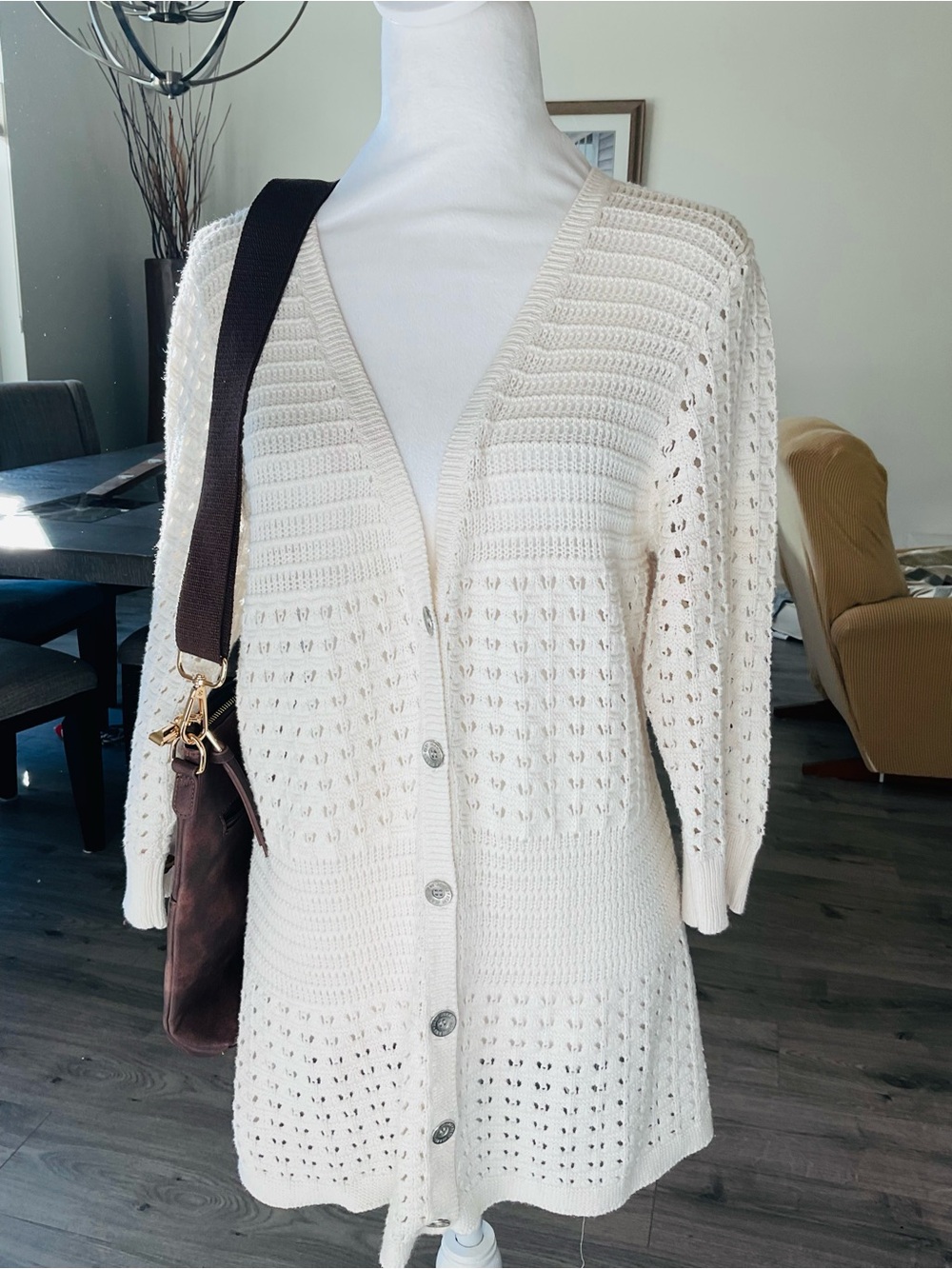 DKNY Ivory Open-Knit V Neck Pointelle Cardigan with 3/4 Sleeves.
